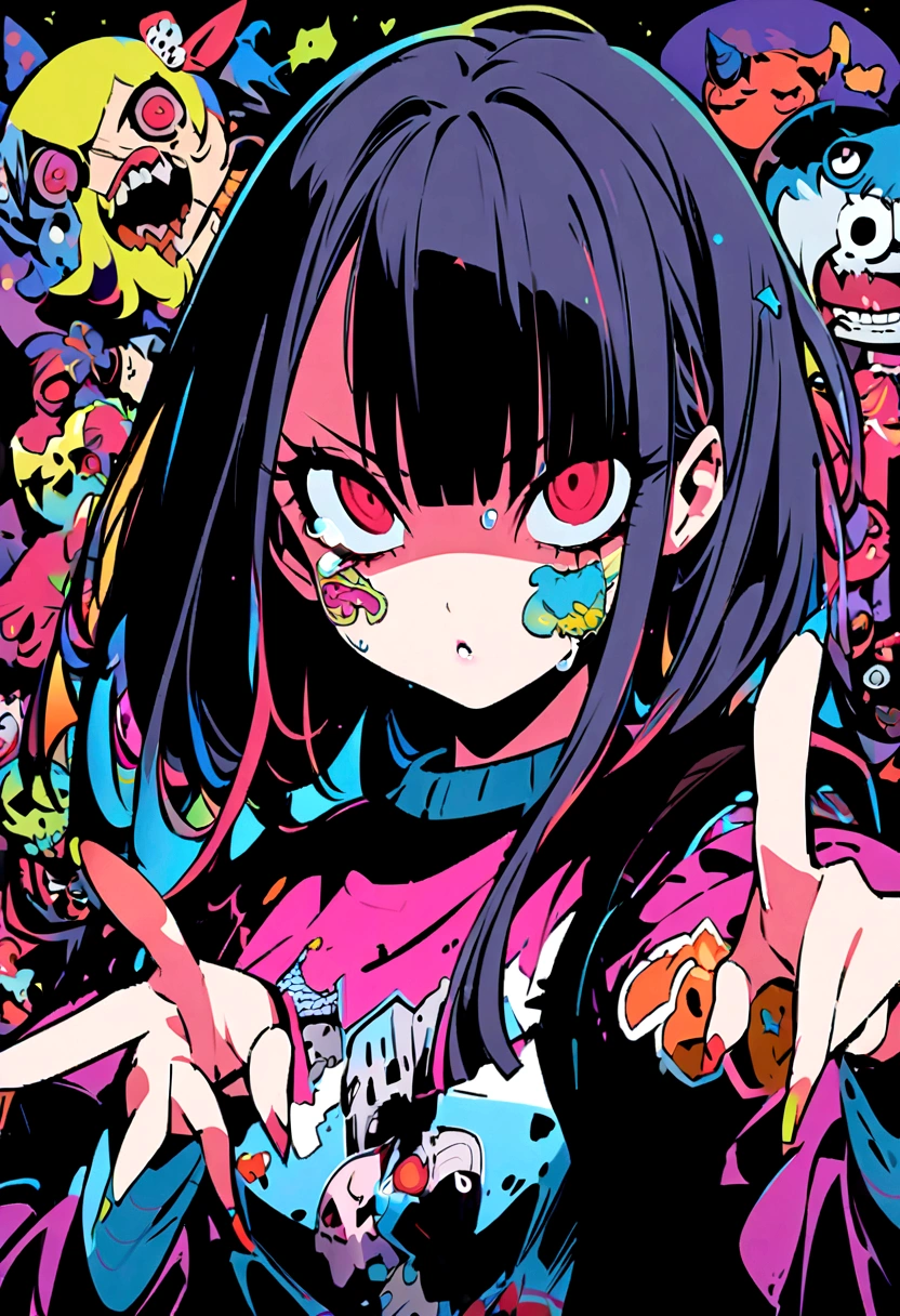1 girl、profile、Red Eyes、Black Hair、Black Feather、Gothic Punk、Cross-eyed、drunken eyes、tears,anime zombie witch design, wave hands、, street wear design, pro vector, Horror style, full design, 6 colors only, solid colors, no shadows, full design, sticker, bright colors, white background.super fine illustration,(((beautiful fine hair))),(((beautiful fine face))),(((beautiful fine background))),(((beautiful fine hair))),(((beautiful fine face))),(((beautiful fine background)))、Black Hair、blunt bangs