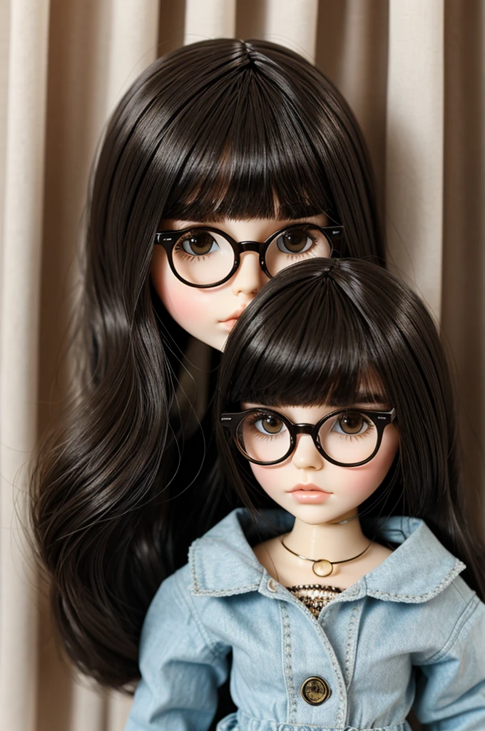 blythe doll with middle parted hair and curtain bangs with a wolf cut and round glasses