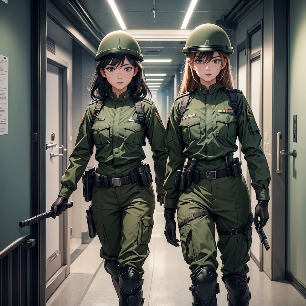 Two female officers wearing helmets、Standing guard in the office corridor、Dark green military uniform、Military Pants、Armed belts、Riding boots、Gloves、Seven-point lens、Write details、masterpiece、best quality、Highly detailed CG、8K picture quality