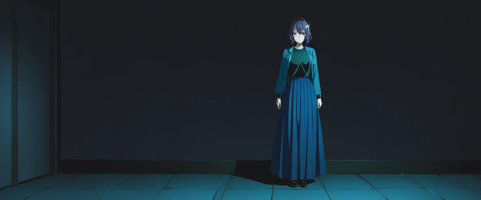 One girl, alone, Utena, Long skirt without pleats, Black Shirt, Blue jacket, outside, night  