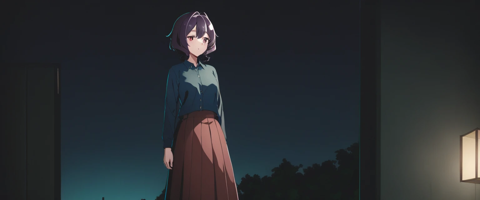 One girl, alone, Utena, Long skirt without pleats, Black Shirt, Blue jacket, outside, night  