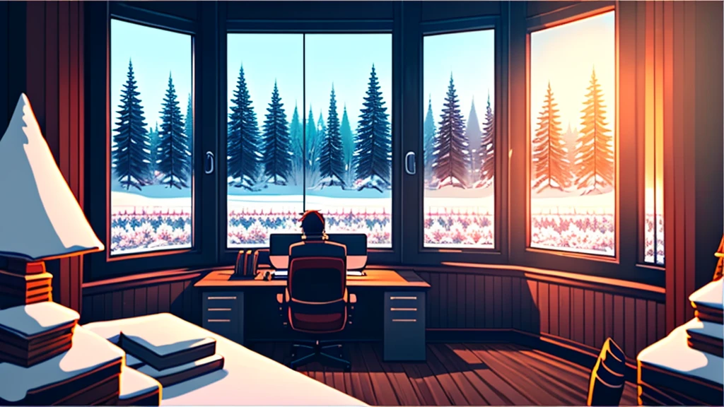 anime video for relaxation, set in an office with a fireplace and a window overlooking the frozen forest.