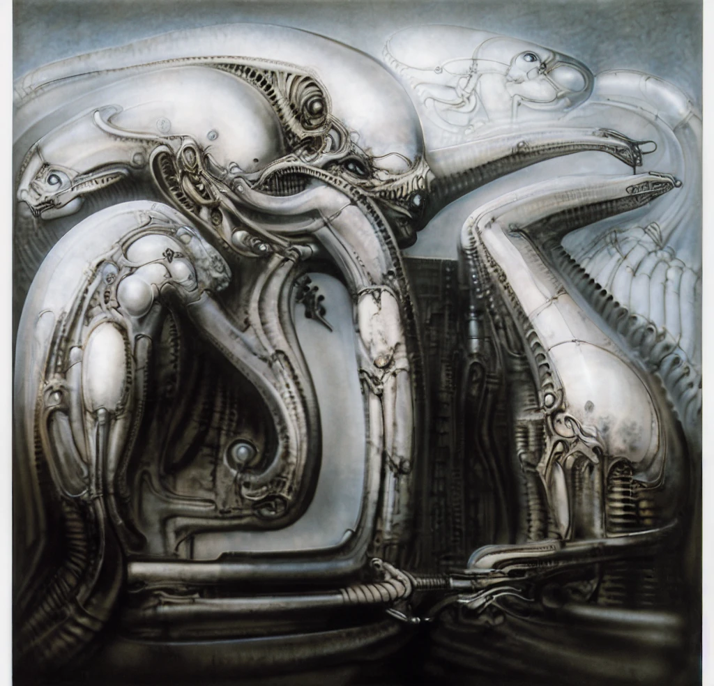 Giger_style, The image is a detailed view of H.R. Giger's \" Landscape XVI \" plate, featuring a complex network of bones and organs in a purple-brown hue ,swirling gray and brown colors. The artwork is silver and purplish brown, with an ivory bones prominently displayed. The image is highly detailed and intricate, almost like a 3d version of a medical sketch.
The piece is a tableau, most likely created with a India ink pen or pencil on paper, determined by the thin lines, shading techniques, and the texture of the paper, which is visible around the edges. Used is pen, given the shading and variations in line weight visible in the image. One have used a variety of pencils with different degrees of hardness to achieve the shading effects.
The style is clearly biomechanical. Features combination of organic and mechanical forms. Mechanical elements dominate the composition, there are subtle organic hints. The use of undersaturated purple-grays dark contrasts creates a stark and graphic look. Is used a variety of linework techniques to create different textures. Fine, parallel lines create a smooth, metallic texture,while thicker, more cursive lines suggest cables or wires. Machines fills most, with its central cylindric structure acting as the focal point. Parallel lines emanating from this central structure used to create a sense of depth and movement. Being overwhelmingly mechanical, there are subtle suggestions of organic forms.
The art performance showcases the artist’s skills in observation and rendering. The level of detail in the piece suggests a close study of real bone specimens and anatomy. The artist has skillfully used shading techniques to create a convincing illusion of three-dimensionality on a flat surface.The wrinkles and cracks in the surface, and the cast shadows with accuracy, used shading techniques to create a realistic depiction of light and shadow on the objects. This creates a sense of depth and dimension in the image