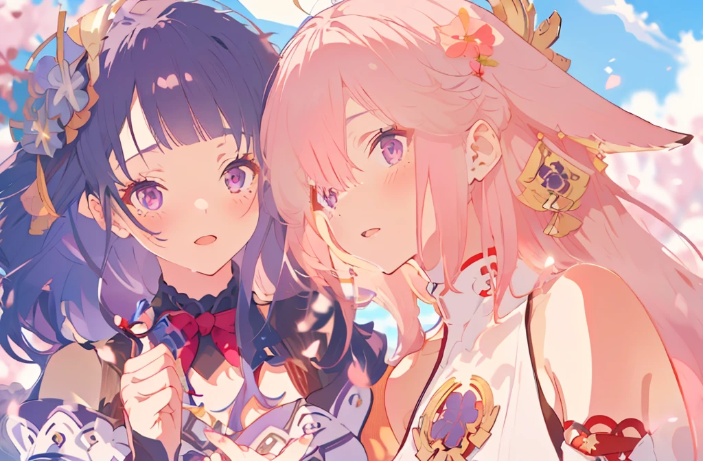 masterpiece, best quality,raiden shogun, multiple girls, 2girls, yae miko, pink hair, urple hair, japanese clothes, long hair, animal ears, hair ornament, fox ears, detached sleeves, kimono, ((birthday cake)), japanese temple, japan, sakura petals