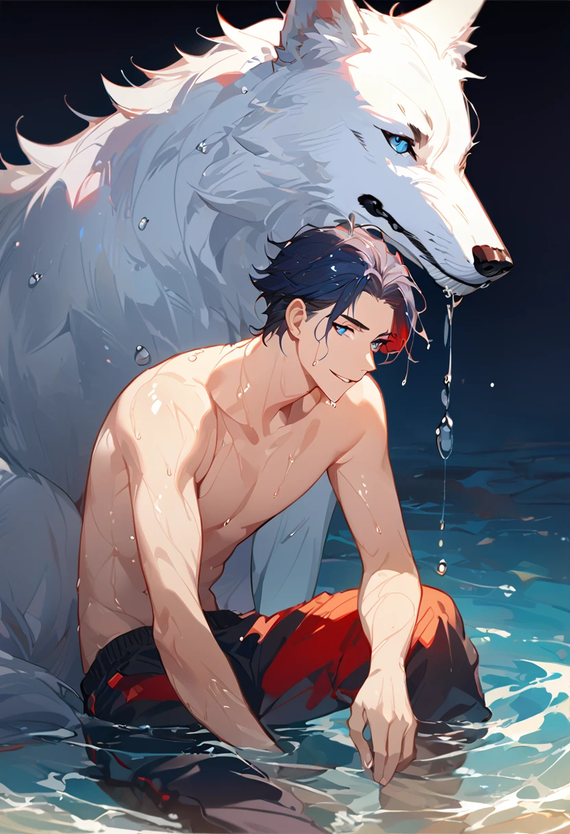 solo, ((male with short dark blue hair with red strip hair and dark blue hair with red gradient), (bare chest), (topless), (muscle), ( jogger pants), (wet), (dripping wet body and hair), (water dripping), (sitting), (one hand rest on the knee), (big white wolf resting on the back)), (bangs), (blue eyes with red gradient), (pale skin), (smirk), ((high quality)), (extremely detailed),8k, 4k, clean line art, detailed line art, resting on the big wolf, white big wolf, simple background, water background, dark background, not bulky, no top clothes, inspired by Asukaziye artist : ask, art style : ask