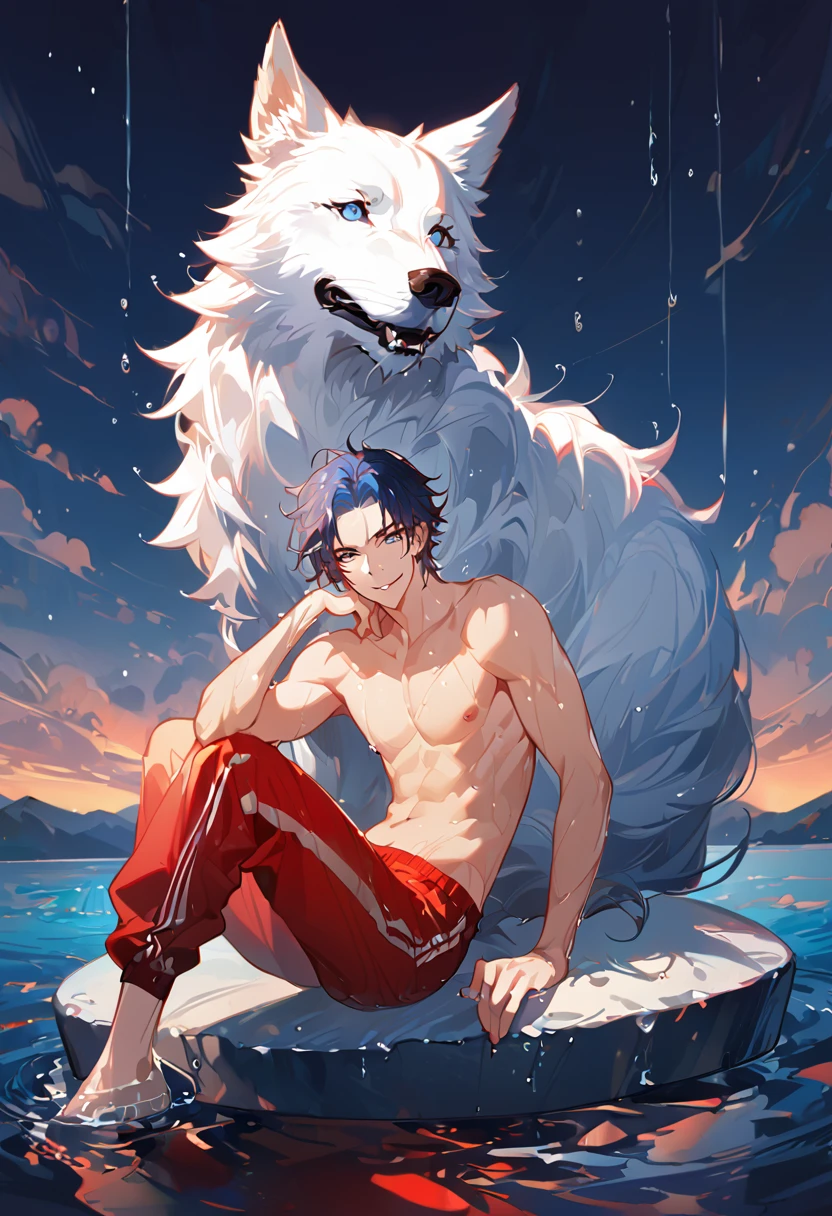 solo, ((male with short dark blue hair with red strip hair and dark blue hair with red gradient), (bare chest), (topless), (muscle), ( jogger pants), (wet), (dripping wet body and hair), (water dripping), (sitting), (one hand rest on the knee), (big white wolf resting on the back)), (bangs), (blue eyes with red gradient), (pale skin), (smirk), ((high quality)), (extremely detailed),8k, 4k, clean line art, detailed line art, resting on the big wolf, white big wolf, simple background, water background, dark background, not bulky, no top clothes, inspired by Asukaziye artist : ask, art style : ask