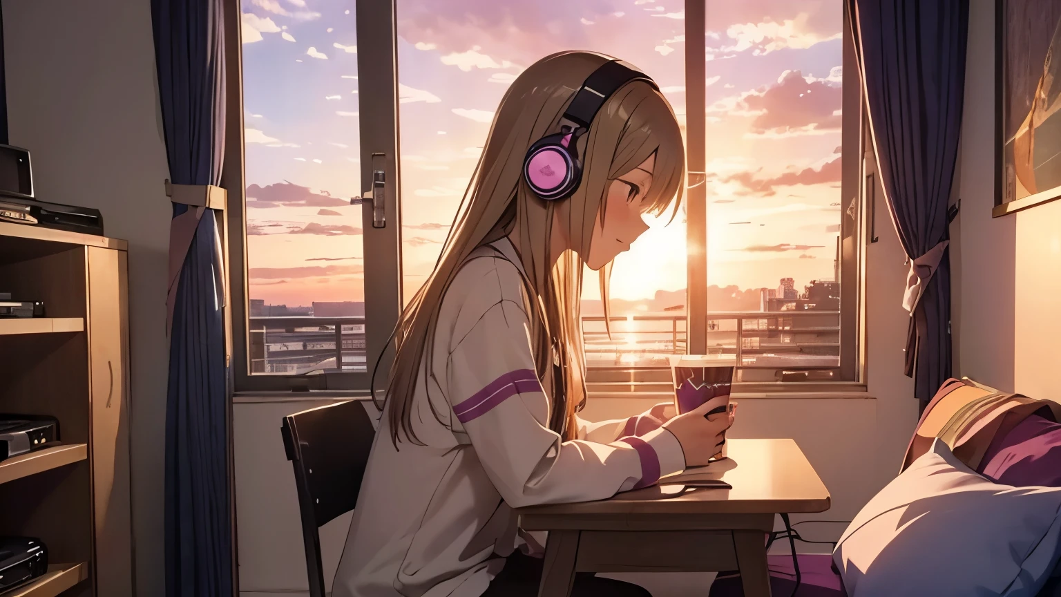 anime、Listening to music through headphones、girl、sunset seen from the window、cake、dim、Room with table、girlはテーブルに肘をついて座っている。