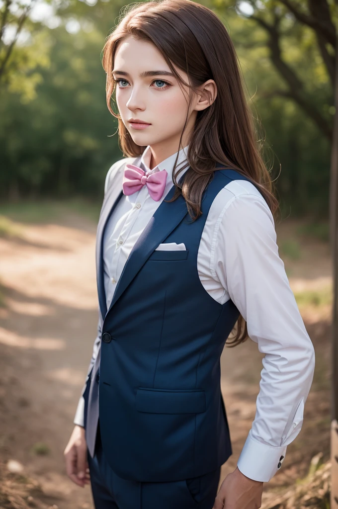 Photography in the field,Groom in navy blue suit, white shirt and pink bow tie , green eyes light brown hair