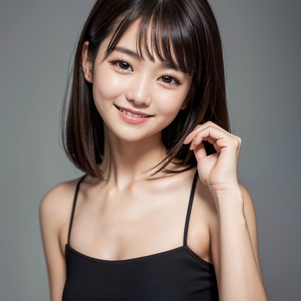 Close-up of face、((Highest quality、masterpiece、High resolution))、(((Zoom photo of upper body)))、(A shy smile:1.2)、15-year-old female、Beautiful Skin、Beautiful Eyes、dress、Shorn bangs、Blonde、Black background