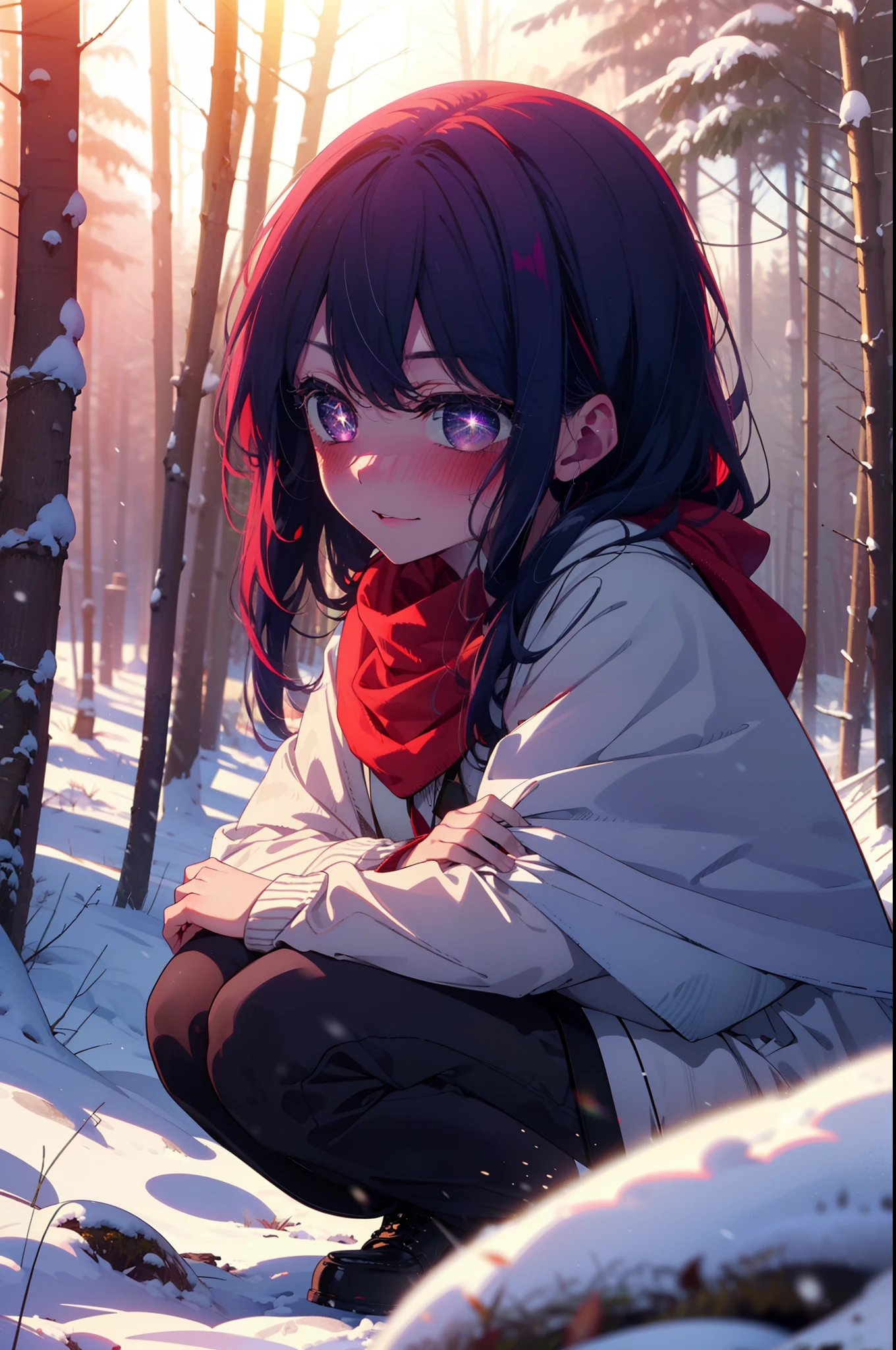 aihoshino, Ai Hoshino, Long Hair, bangs, (Purple eyes:1.1), Purple Hair, (Symbol-shaped pupil:1.5), smile,,smile,blush,White Breath,
Open your mouth,snow,Ground bonfire, Outdoor, boots, snowing, From the side, wood, suitcase, Cape, Blurred, , forest, White handbag, nature, Squat, Mouth closed, Cape, winter, Written boundary depth, Black shoes, red Cape break looking at viewer, Upper Body, whole body, break Outdoor, forest, nature, break (masterpiece:1.2), Highest quality, High resolution, unity 8k wallpaper, (shape:0.8), (Beautiful and beautiful eyes:1.6), Highly detailed face, Perfect lighting, Highly detailed CG, (Perfect hands, Perfect Anatomy),