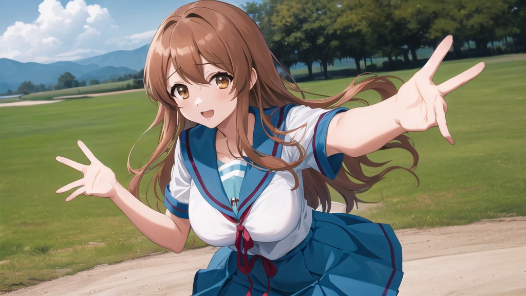 Main 1, One girl, asahina mikuru, Long Hair, high income , alone, blue Sailor collar, Sailor collar, Seraphim, blue skirt, skirt, Short sleeve, Red ribbon, Large Breasts, Cowboy Shot, wave hands, Outdoor, Leaning forward,