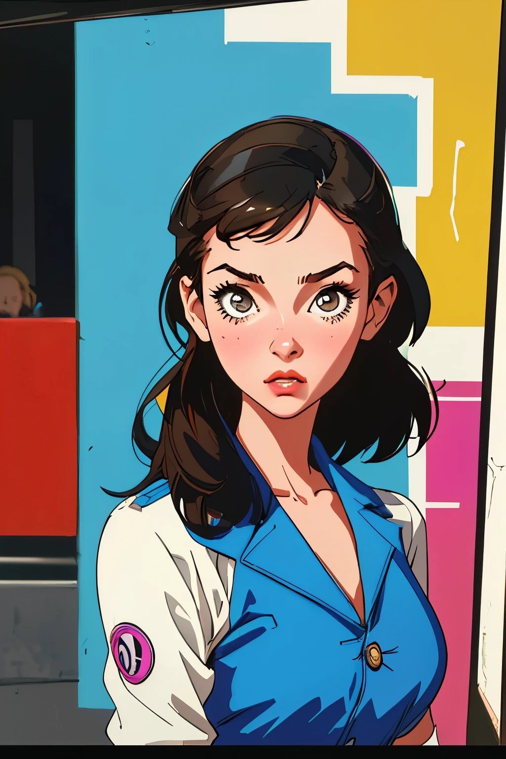 (best quality, masterpiece), 1 Girl, 1980s \(style\), Looking at the audience, pin up \(style\), Upper Body,