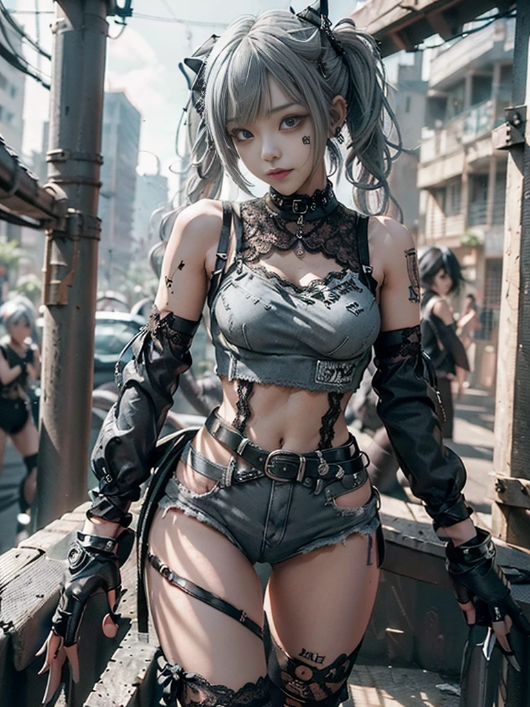 (Full Body View:1.3)、(Side view:1.1)、(Wearing a thong:1.4)、(Accentuate your butt:1.3)、(Smiling with teeth showing:1.3),(Shibuya Gal:1.5)、(Neo-goth style fashion:1.5)、(Punk RockVisual Kei:1.4)、(A high-leg bodysuit in a delicate design of denim, silver and black:1.5)、(Denim, black gloves and sailor shirt:1.5)、(Denim high heels:1.3)、(Wearing silver accessories:1.5)、(Denim collar:1.4)、(Black Leather Garter Belt:1.4)、(Brown Skin Belt:1.3)、(Black lace underwear:1.5)、20-year-old、NSFW、((Highest quality、In 8K、masterpiece:1.3))、Sharp focus:1.2、(Layered Cut、Huge boobs:1.1),Beautiful woman with perfect figure:1.4、(Dancing vigorously:1.3)、Slender Abs:1.2、Highly detailed face and skin texture、Detailed eyes、double eyelid,(Twin tails:1.3)、(Grey colored hair:1.3)、Gravure idol、(The Caribbean cityscape in the background:1.3)、(Slim body:1.3),(Make your legs thinner:1.4),(clavicle:1.1)