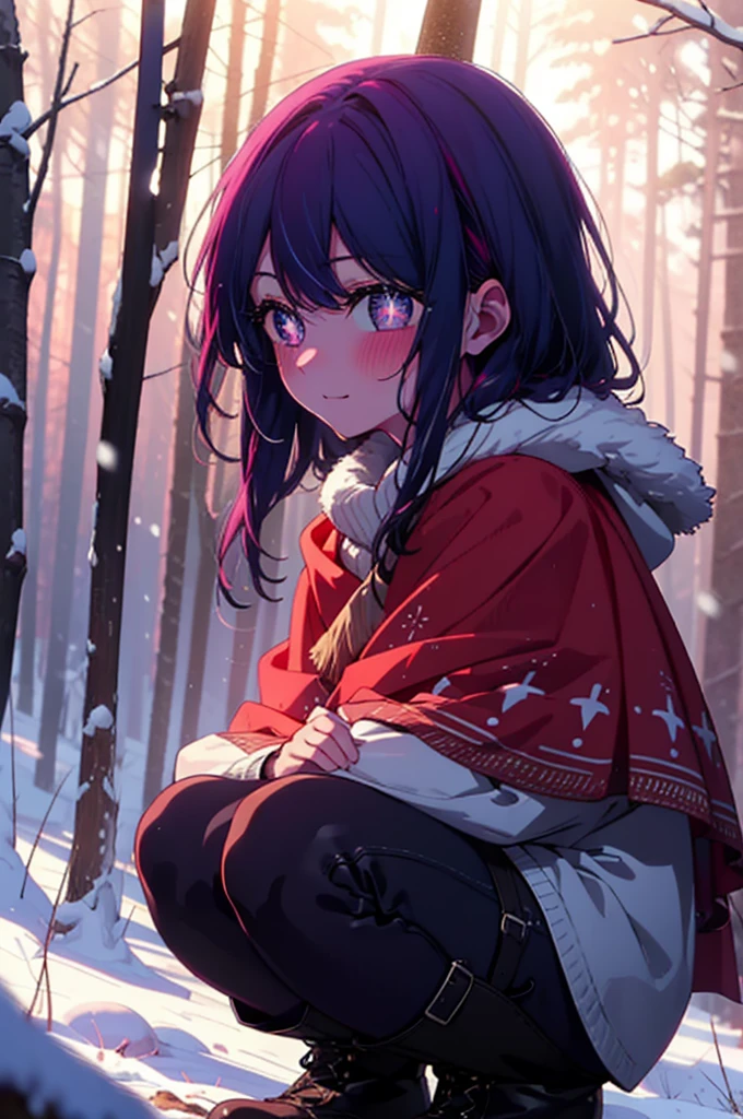 aihoshino, Ai Hoshino, Long Hair, bangs, (Purple eyes:1.1), Purple Hair, (Symbol-shaped pupil:1.5), smile,,smile,blush,White Breath,
Open your mouth,snow,Ground bonfire, Outdoor, boots, snowing, From the side, wood, suitcase, Cape, Blurred, , forest, White handbag, nature,  Squat, Mouth closed, Cape, winter, Written boundary depth, Black shoes, red Cape break looking at viewer, Upper Body, whole body, break Outdoor, forest, nature, break (masterpiece:1.2), Highest quality, High resolution, unity 8k wallpaper, (shape:0.8), (Beautiful and beautiful eyes:1.6), Highly detailed face, Perfect lighting, Highly detailed CG, (Perfect hands, Perfect Anatomy),