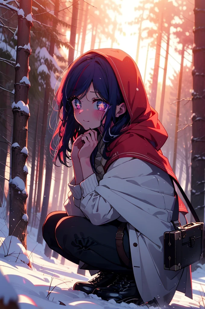 aihoshino, Ai Hoshino, Long Hair, bangs, (Purple eyes:1.1), Purple Hair, (Symbol-shaped pupil:1.5), smile,,smile,blush,White Breath,
Open your mouth,snow,Ground bonfire, Outdoor, boots, snowing, From the side, wood, suitcase, Cape, Blurred, , forest, White handbag, nature, Squat, Mouth closed, Cape, winter, Written boundary depth, Black shoes, red Cape break looking at viewer, Upper Body, whole body, break Outdoor, forest, nature, break (masterpiece:1.2), Highest quality, High resolution, unity 8k wallpaper, (shape:0.8), (Beautiful and beautiful eyes:1.6), Highly detailed face, Perfect lighting, Highly detailed CG, (Perfect hands, Perfect Anatomy),