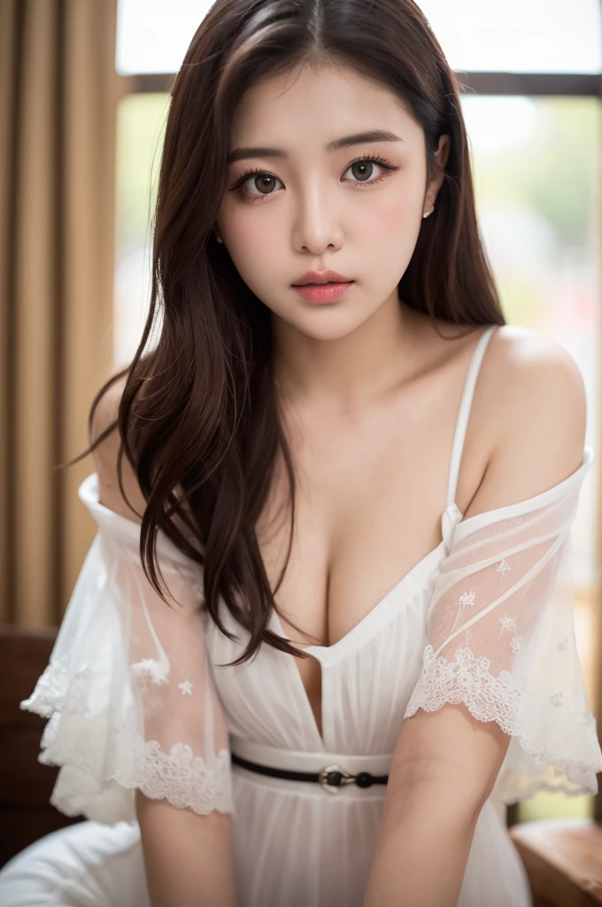 ulzzang-6500-v1.1, (RAW Photos:1.2), (Photorealistic), Beautiful detailed girl, (See-through:1.3), (Genuine: 1.4), Very detailed目と顔, Beautiful and fine details, Elegant long dress、Huge file sizes, High resolution, Very detailed, Highest quality, [masterpiece:1.6], Awareness-raising, Very detailed,  In detail, Highest quality, 8k wallpaper, Cinema Lighting, One Girl, , Perfect figure, Cute droopy eyes、Duck mouth、Beautiful big eyeasterpiece)), Highest quality, One Girl, eye shadow, Upper Body, Portraiture, ((Full Body Shot:1.2))、RAW Photos, sharp, Nikon D850 film stock photo by Lee Jefferies 4 Kodak Portra 400 camera F1.6 Lenses、Rich colors、Ultra-realistic and lifelike textures、Dramatic lighting、Unreal Engine、Art Station Trends、Cinestar 800,