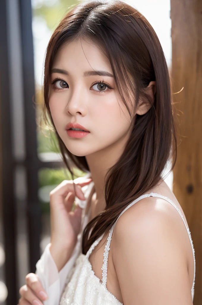 ulzzang-6500-v1.1, (RAW Photos:1.2), (Photorealistic), Beautiful detailed girl, (See-through:1.3), (Genuine: 1.4), Very detailed目と顔, Beautiful and fine details, Elegant long dress、Huge file sizes, High resolution, Very detailed, Highest quality, [masterpiece:1.6], Awareness-raising, Very detailed,  In detail, Highest quality, 8k wallpaper, Cinema Lighting, One Girl, 17 years old, Perfect figure, Cute droopy eyes、Duck mouth、Beautiful big eyeasterpiece)), Highest quality, One Girl, eye shadow, Upper Body, Portraiture, ((Full Body Shot:1.2))、RAW Photos, sharp, Nikon D850 film stock photo by Lee Jefferies 4 Kodak Portra 400 camera F1.6 Lenses、Rich colors、Ultra-realistic and lifelike textures、Dramatic lighting、Unreal Engine、Art Station Trends、Cinestar 800,