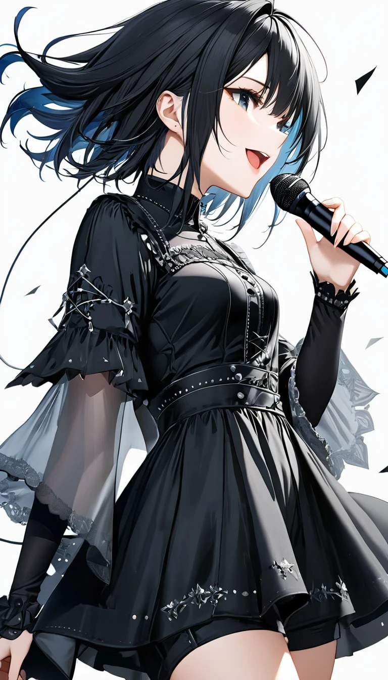 (((White background:1.2)))、(masterpiece、Ultra HD、high quality、４K)、(Scandinavian gothic metal girl holding a microphone and singing with her mouth open), (((very wide shot:1.2))),Highly detailed eyes, Detailed hand and fingers、Short black hair、Black Gothic Dress、Stylish outfit,Shorts、Dynamic pose、Dynamic、(profile)、（Grab the microphone）、smile,(((Look up to the sky:1.2)))