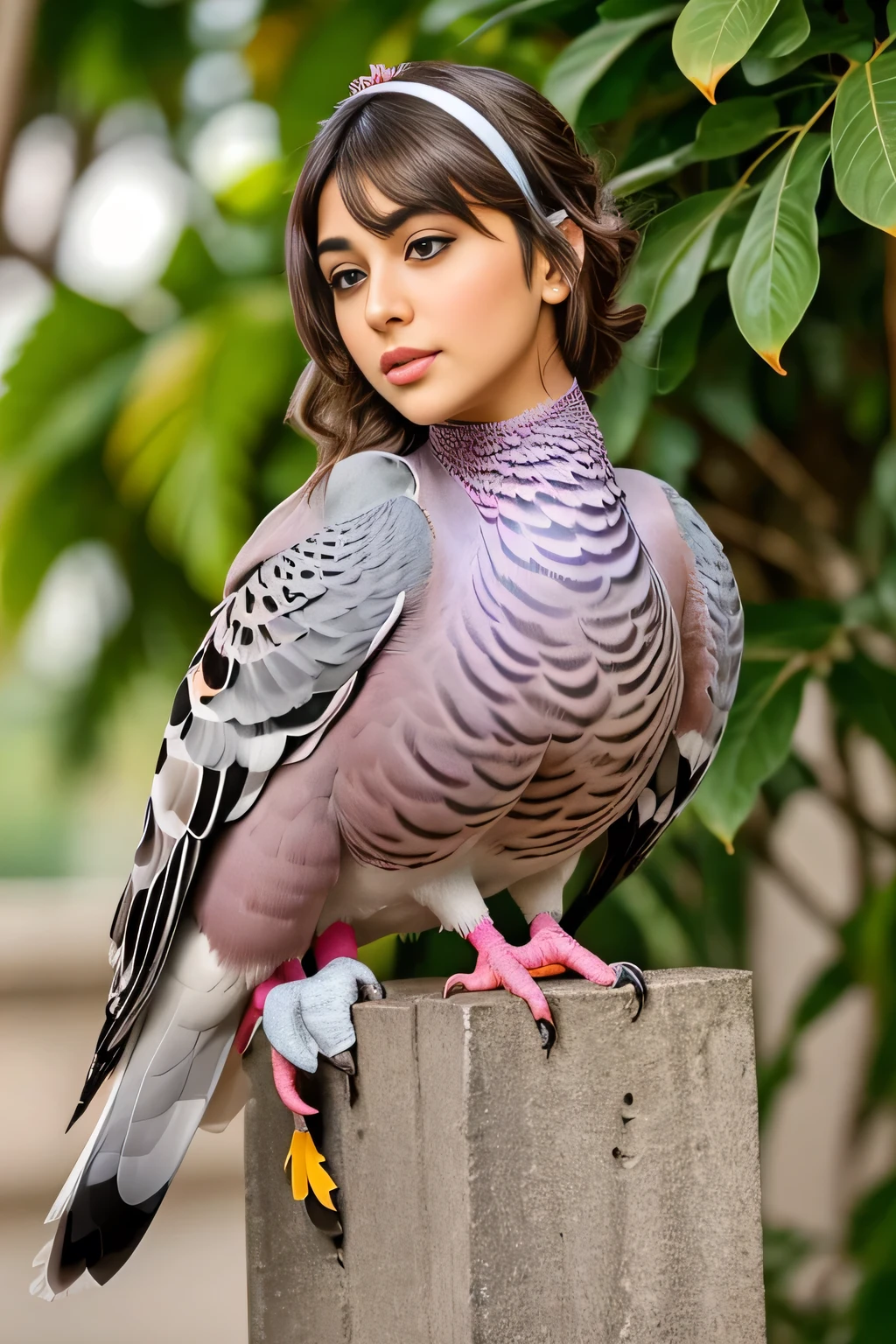 Hansika Motwani is a pigeon bird, She is a bird but her head looks like girl, from neck to full body looks like pigeon bird. Pigeon legs, pigeon wings. Bird body, pigeon body, perfect picture, perfect bird, real bird, Real head replace with real pigeon head. Exact Bird. Colorful pigeon.