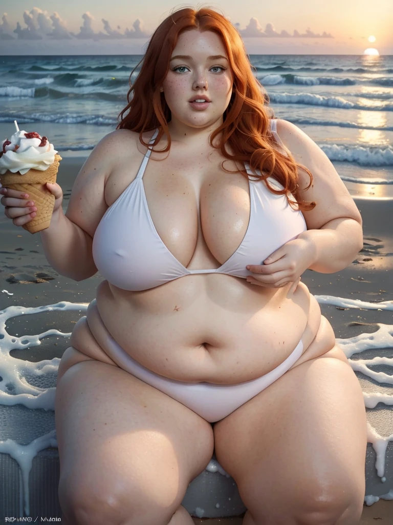 A photo of a young beautiful redhead bbw with long wavy ginger hair soft fat belly, wide fat obese hips, thick fat legs and fat arms, cute pretty face, blue eyes, freckles, in a cute tight one-piece swimsuit, sitting in the sand on a beach, eating peacefully a huge ice cream and watchig the sea and sunset 