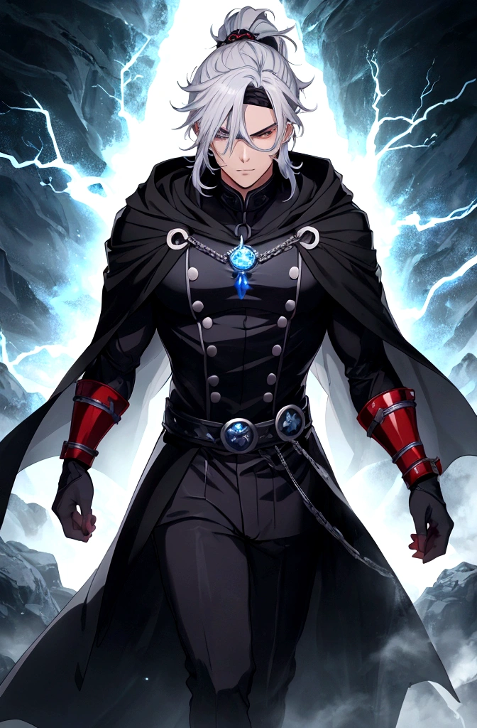 Anime character, a man, medieval era. Young man, 20 years old, large body, cold gaze, cold expression, white skin, short messy gray hair, ponytail, left eye patch, black clothes, black shirt, dark cape with hood, chains. frontal camera. Walking in a sea of ​​blood. Three moons shining high in the sky, purple, red and blue. White electricity emanating from his body, black electricity emanating from his left hand. Right eye shining in a white ray. Thunderous white lightning. (best quality, 4k, 8k, high resolution, masterpiece: 1.2), vibrant, ultra-detailed colors, chiaroscuro lighting, dramatic pose, intricate details, fantasy, mystical, powerful.