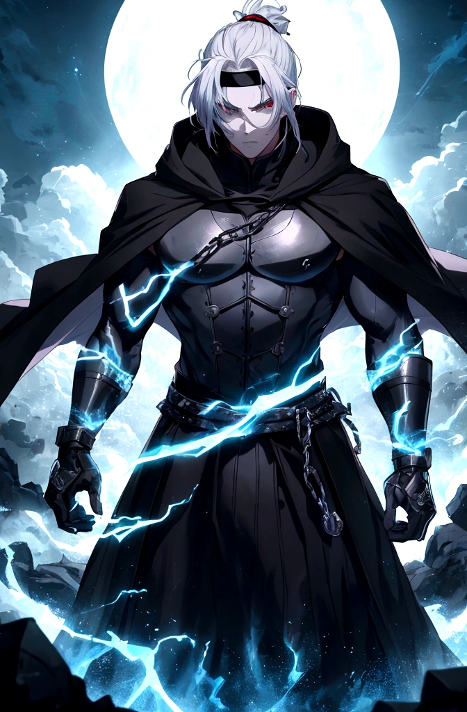 Anime character, a man, medieval era. Young man, 20 years old, large body, cold gaze, cold expression, white skin, short messy gray hair, ponytail, left eye patch, black clothes, black shirt, dark cape with hood, chains. frontal camera. Walking in a sea of blood. Three moons shining high in the sky, purple, red and blue. White electricity emanating from his body, black electricity emanating from his left hand. Right eye shining in a white ray. Thunderous white lightning. (best quality, 4k, 8k, high resolution, masterpiece: 1.2), vibrant, ultra-detailed colors, chiaroscuro lighting, dramatic pose, intricate details, fantasy, mystical, powerful.