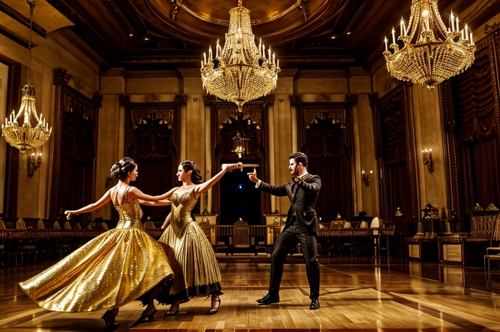 Medieval luxurious ball,Retro architecture,Gold Chandelier,Many people are watching the protagonist of the dance