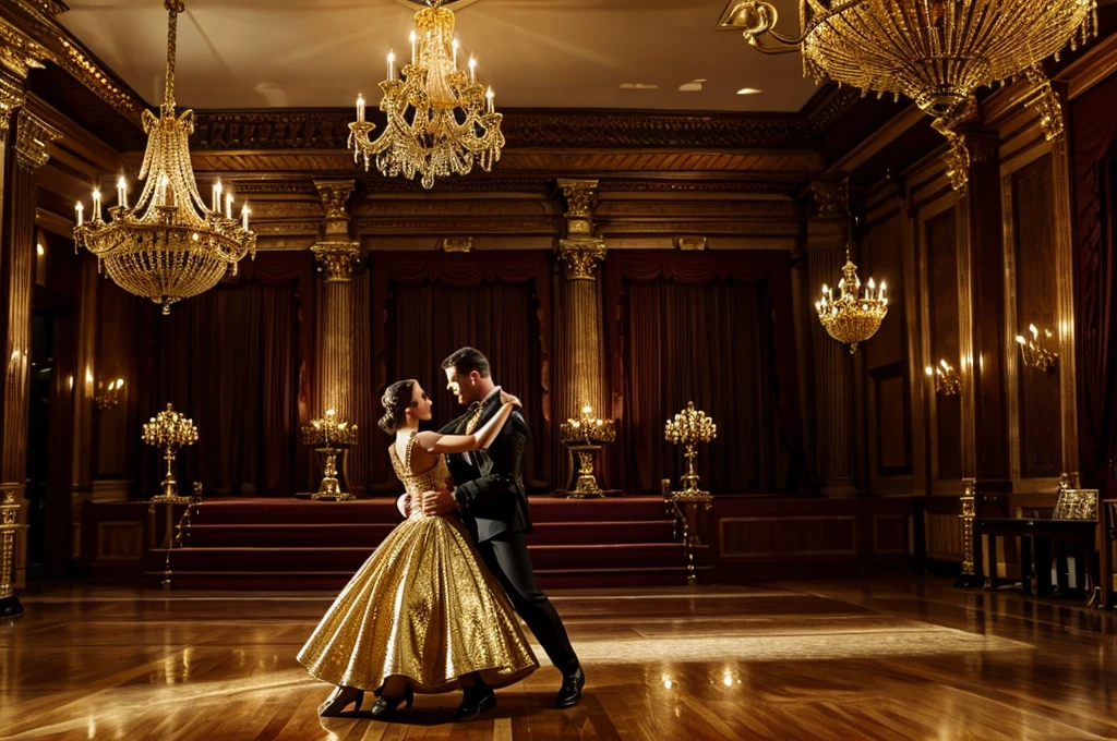 Medieval luxurious ball,Retro architecture,Gold Chandelier,Many people are watching the protagonist of the dance