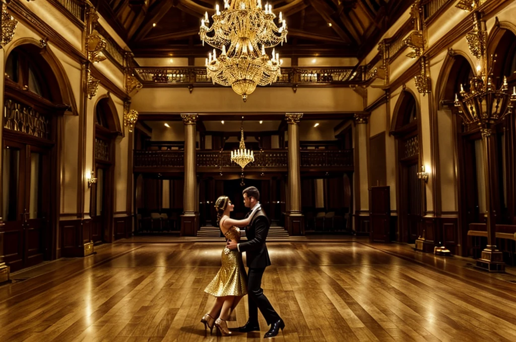 Medieval luxurious ball，Retro architecture，Gold Chandelier，Many people are watching the protagonist of the dance