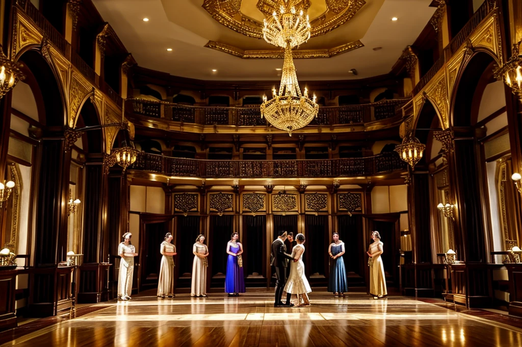 Medieval luxurious ball，Retro architecture，Gold Chandelier，Many people are watching the protagonist of the dance