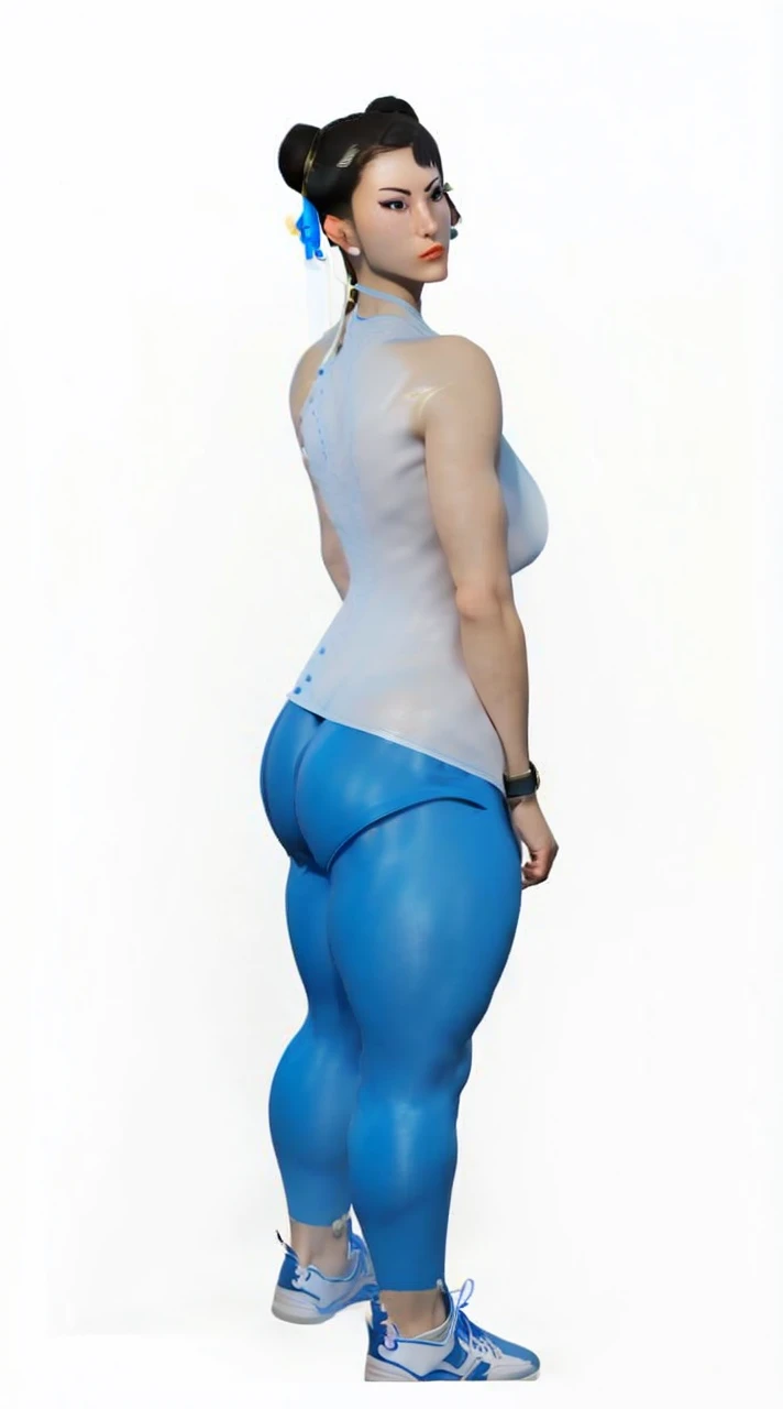 SF6 Chun-Li Nitrile Butadiene Royal Blue shirt thin grey Leggings Thighs Buttocks Streetfighter Buruma Gravure shirt Japanese gym shoes naked pantyline drawl
