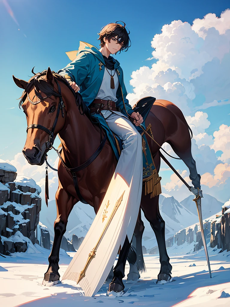 Make the msost beautiful picture that you can, whatever you want to make, make it a beautiful landscape, make it very beautiful, add some animals, add a warrior in the background, it is of medieval times, he's holding a big rijbdulahwyhbkked sword, has bow and arrows on hims back and is wearing cool clothes, he's standing with his sword out in front of a village, make it look like an anime, he's tall and young and looks very handsome, he's wearing a mask