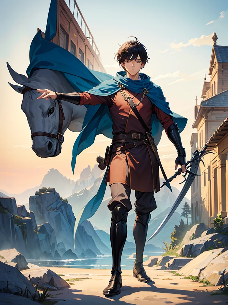 Make the msost beautiful picture that you can, whatever you want to make, make it a beautiful landscape, make it very beautiful, add some animals, add a warrior in the background, it is of medieval times, he's holding a big rijbdulahwyhbkked sword, has bow and arrows on hims back and is wearing cool clothes, he's standing with his sword out in front of a village, make it look like an anime, he's tall and young and looks very handsome, he's wearing a mask