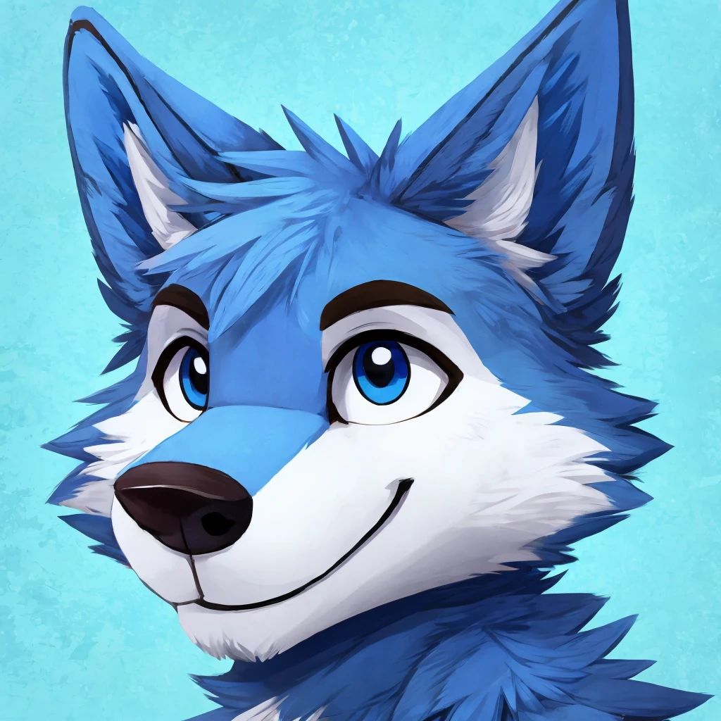 headshot of a cute and anthropomorphic blue colored fur wolf, closed smile, headshot, high quality furry art, cute background.
