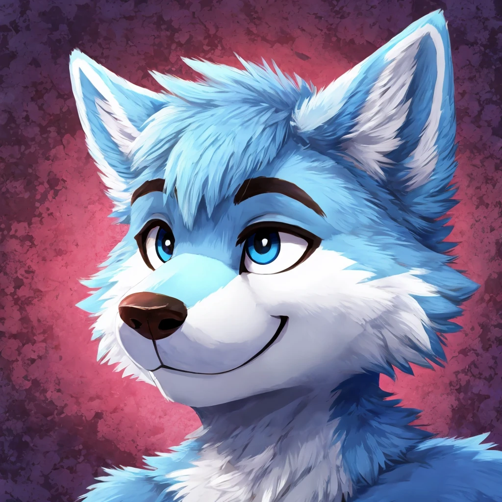 headshot of a cute and anthropomorphic blue colored fur wolf, closed smile, headshot, high quality furry art, cute background.