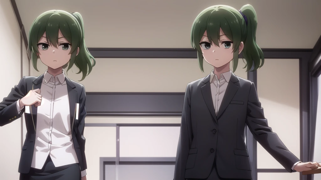 Future, Igarashi Futaba, (Green Eyes:1.3), ponytail, Green Hair, Medium Hair, igarashi futaba \(shiromanta\),
break skirt, shirt, Jacket, collared shirt, coat, formal, suit, office lady, business suit, skirt suit, overcoat,
break indoors, office,
break looking at viewer, (Cowboy Shot:1.5),
break (masterpiece:1.2), Highest quality, High resolution, unity 8k wallpaper, (figure:0.8), (Beautiful attention to detail:1.6), Highly detailed face, Perfect lighting, Highly detailed CG, (Perfect hands, Perfect Anatomy),