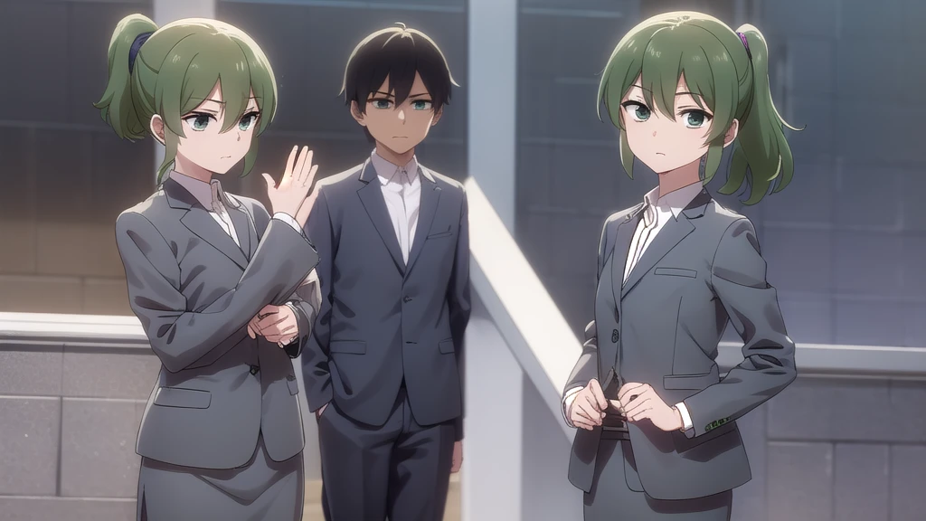 Future, Igarashi Futaba, (Green Eyes:1.3), ponytail, Green Hair, Medium Hair, igarashi futaba \(shiromanta\),
break skirt, shirt, Jacket, collared shirt, coat, formal, suit, office lady, business suit, skirt suit, overcoat,
break indoors, office,
break looking at viewer, (Cowboy Shot:1.5),
break (masterpiece:1.2), Highest quality, High resolution, unity 8k wallpaper, (figure:0.8), (Beautiful attention to detail:1.6), Highly detailed face, Perfect lighting, Highly detailed CG, (Perfect hands, Perfect Anatomy),