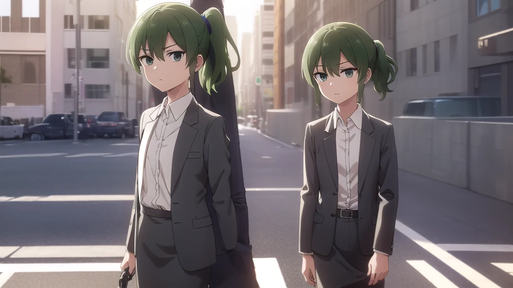 Future, Igarashi Futaba, (Green Eyes:1.3), ponytail, Green Hair, Medium Hair, igarashi futaba \(shiromanta\),
break skirt, shirt, Jacket, collared shirt, coat, formal, suit, office lady, business suit, skirt suit, overcoat,
break indoors, office,
break looking at viewer, (Cowboy Shot:1.5),
break (masterpiece:1.2), Highest quality, High resolution, unity 8k wallpaper, (figure:0.8), (Beautiful attention to detail:1.6), Highly detailed face, Perfect lighting, Highly detailed CG, (Perfect hands, Perfect Anatomy),