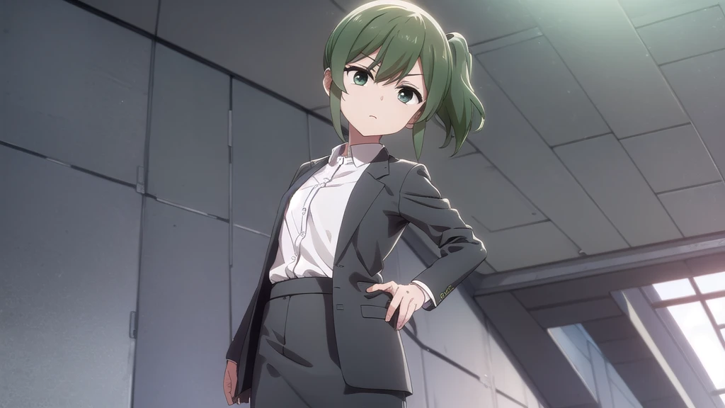 Future, Igarashi Futaba, (Green Eyes:1.3), ponytail, Green Hair, Medium Hair, igarashi futaba \(shiromanta\),
break skirt, shirt, Jacket, collared shirt, coat, formal, suit, office lady, business suit, skirt suit, overcoat,
break indoors, office,
break looking at viewer, (Cowboy Shot:1.5),
break (masterpiece:1.2), Highest quality, High resolution, unity 8k wallpaper, (figure:0.8), (Beautiful attention to detail:1.6), Highly detailed face, Perfect lighting, Highly detailed CG, (Perfect hands, Perfect Anatomy),