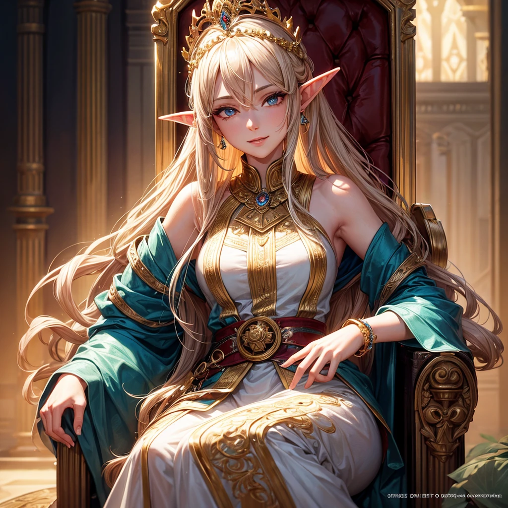 a woman in her thirties, 1girl, elf, long golden hair, small breasts, long pointed ears, golden eyes!!!, smiling face, white sexy dress, crown on the head, sitting on a throne, manor, very sexy body, detailed face, beautiful detailed eyes, beautiful detailed lips, extremely detailed eyes and face, long eyelashes, detailed clothing, intricate details, highly detailed, photo realistic, 8k, best quality, masterpiece, cinematic lighting, dramatic lighting, vibrant colors, fantasy, digital art, concept art