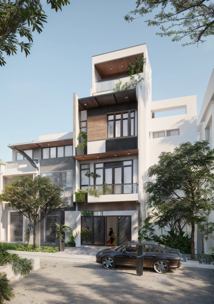 Townhouse in city, daylight,warm light, (sharp focus) front view of townhouse in style of modern, VietNam ,mutual colours, soft lighting, warm atmosphere,high Resolution, hyper detailed,4k ,vray render, hyper realistic,exterior design , professional photography, exterior photography,wide-angle shot , ultra detail , high Resolution .  all of doors and windows are made by Xingfa . have many trees , ivys, palms on the bancony. black iron frame . human and girl on the pavement. wooden ceiling. ceiling light.black iron gate.