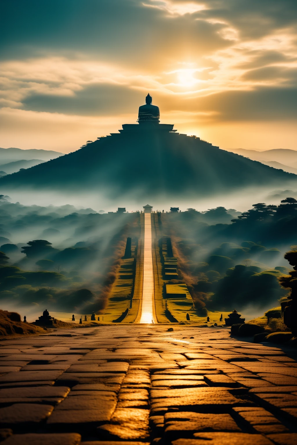 Big Buddha statue in the distance, Stone material,mossy atmosphere, High target, majestic, background illuminated by sunlight，inverted image，side，pilgrims on the road, calm,sunset