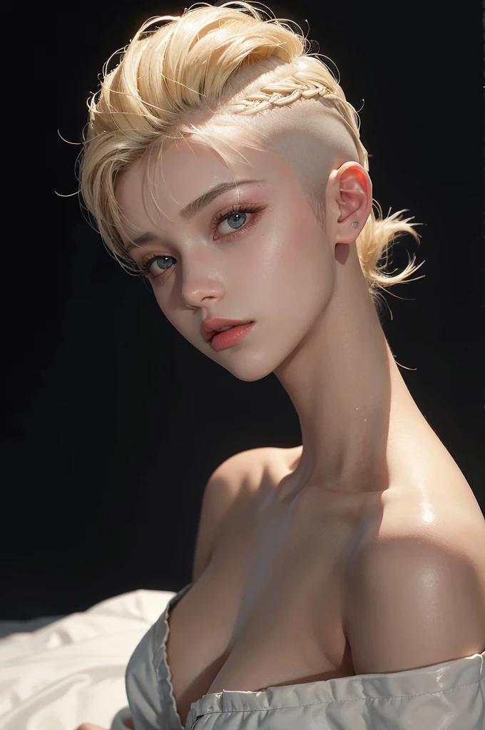 a 20 yo woman, blonde, (hi-top fade:1.3), dark theme, soothing tones, muted colors, high contrast, (natural skin texture, hyperrealism, soft light, sharp)