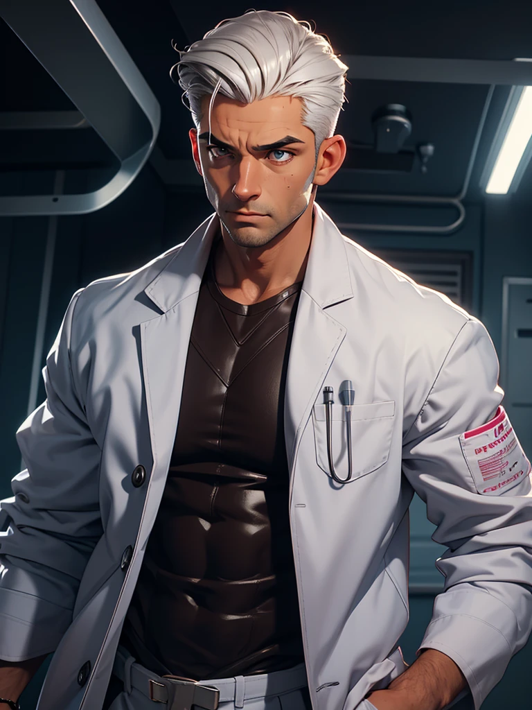 (best quality), 1boy, mature man, 34 years old, tanned skin, silver hair, medium hair, hair loosely combed back, brown eyes, perfect eyes, muscular, handsome, small waist, strong jawline, cold expression, doctor coat, scrubs, surgical mask, blood splatter, fully clothed, clean face, masterpiece, anatomically correct, highres
