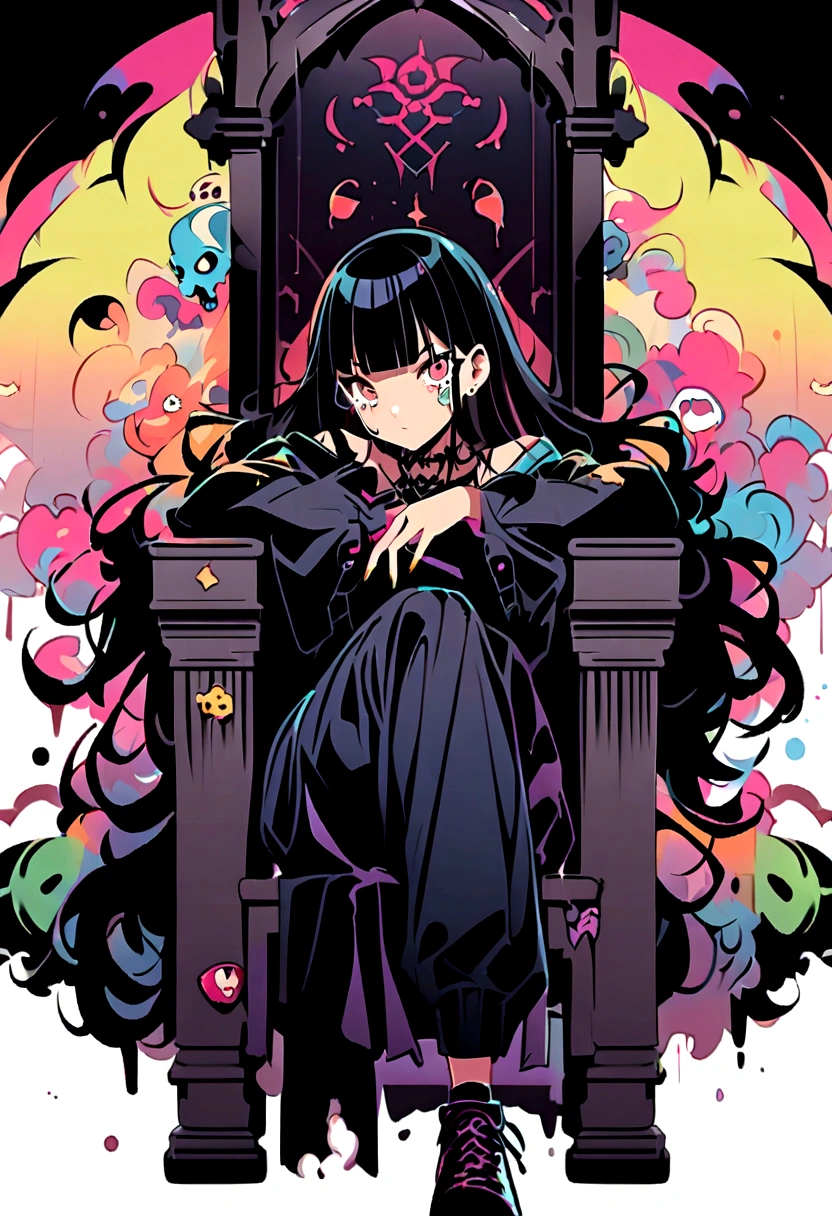Black Hair、Black Feather、Gothic Punk、sit on a chair, cross one's legs、Throne、tears,anime zombie witch design, wave hands、, street wear design, pro vector, Horror style, full design, 6 colors only, solid colors, no shadows, full design, sticker, bright colors, white background.super fine illustration,(((beautiful fine hair))),(((beautiful fine face))),(((beautiful fine background))),(((beautiful fine hair))),(((beautiful fine face))),(((beautiful fine background)))、Black Hair、blunt bangs