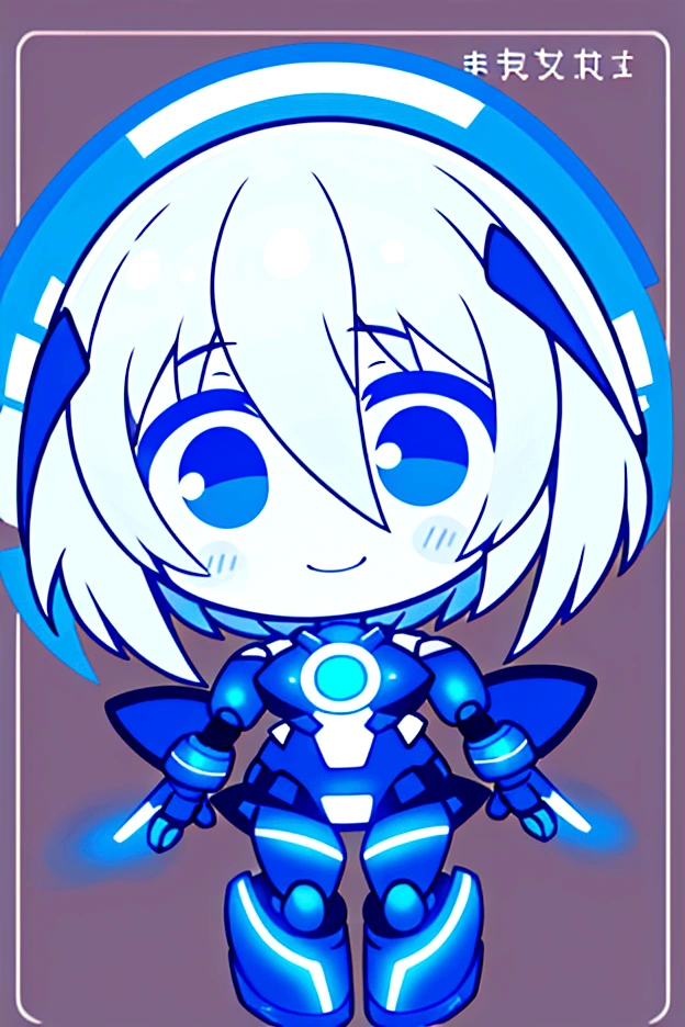 Robot girl, she herself is white and blue, she has short white hair down to her shoulders, she also has blue eyes, instead of ears she has mechanical rays of white and blue colors, she has a smile on her face, and also it is hollow.