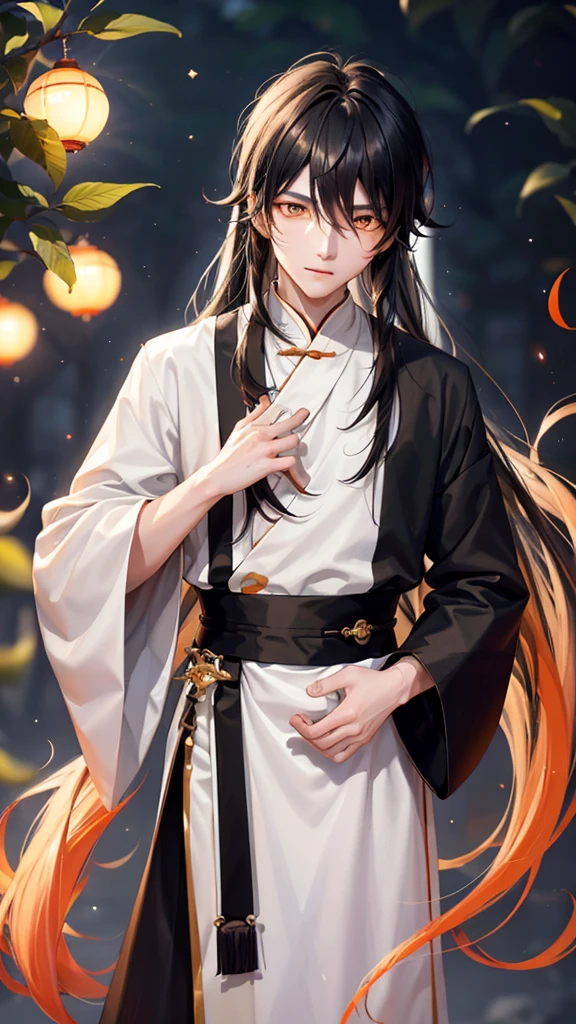 1 boy, 18 years old, long black hair, orange eyes, white hanfu, white skin, charming expression
