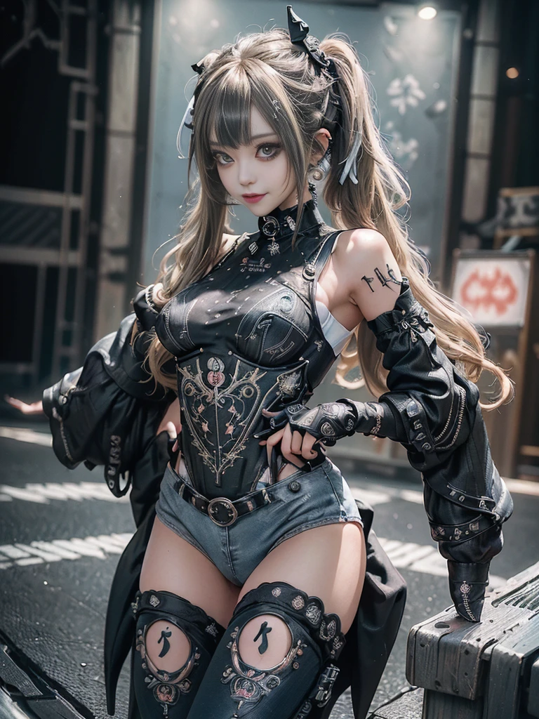 (Full Body View:1.4)、(Side view:1.1)、(Smiling with teeth showing:1.3),(Shibuya Gal:1.5)、(Gothic Lolita style fashion:1.5)、(Punk RockVisual Kei:1.5)、(Wearing a rhythmic gymnastics bodysuit with intricate details:1.4)、(Racing suit and pants with intricate decorations in white, denim and charcoal:1.5)、(Denim and light blue and white boots:1.3)、((belt))、(Numerous delicate logo marks all over the costume:1.4)、(collar:1.3)、(Striped underwear:1.5)、20-year-old、NSFW、((Highest quality、In 8K、masterpiece:1.3))、Sharp focus:1.2、(Layered Cut、Huge boobs:1.1),Beautiful woman with perfect figure:1.4、(Dancing vigorously:1.3)、Slender Abs:1.2、Highly detailed face and skin texture、Detailed eyes、double eyelid,(Twin tails:1.3)、(Brown-golden hair:1.3)、Gravure idol、(The background is the stage of the fashion show:1.3)、(Slim body:1.3),(Make your legs thinner:1.4),（clavicle:1.1）、(Thin and slim thighs:1.3)