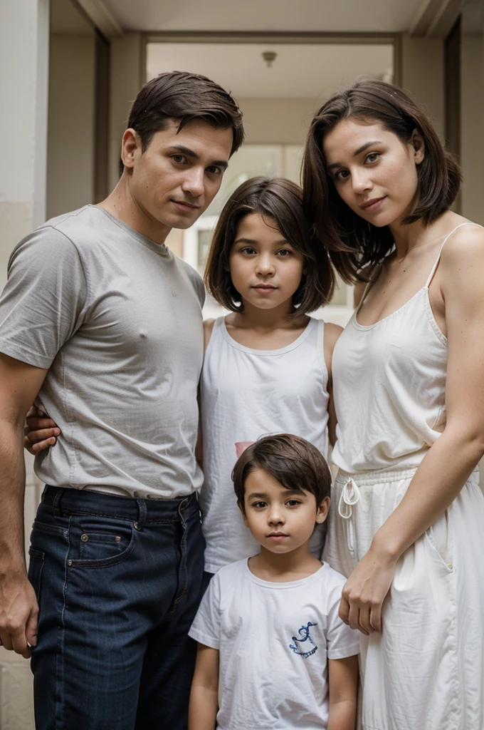 photo of a family consisting of 4 people, a father with short hair, a mother with loose hair, one son, and one daughter