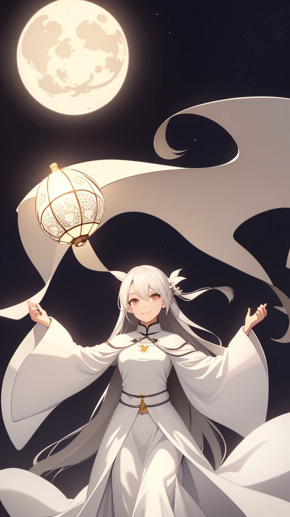 1 girl, silver hair, white eyes, white skin, smile, long hair, flying, floating in the air, white sheet, white cloak, holding a lantern, Chinese lantern, night, moon